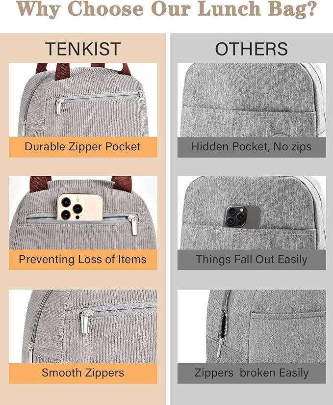 Cute Lunch Box Tote Bag - CoolerCorduroy Insulated Bags for Women - Lightweight Reusable Portable Soft Lunch Pail Kit for Kids Teen Girl Adults Work School Picnic Travel Grey 8L