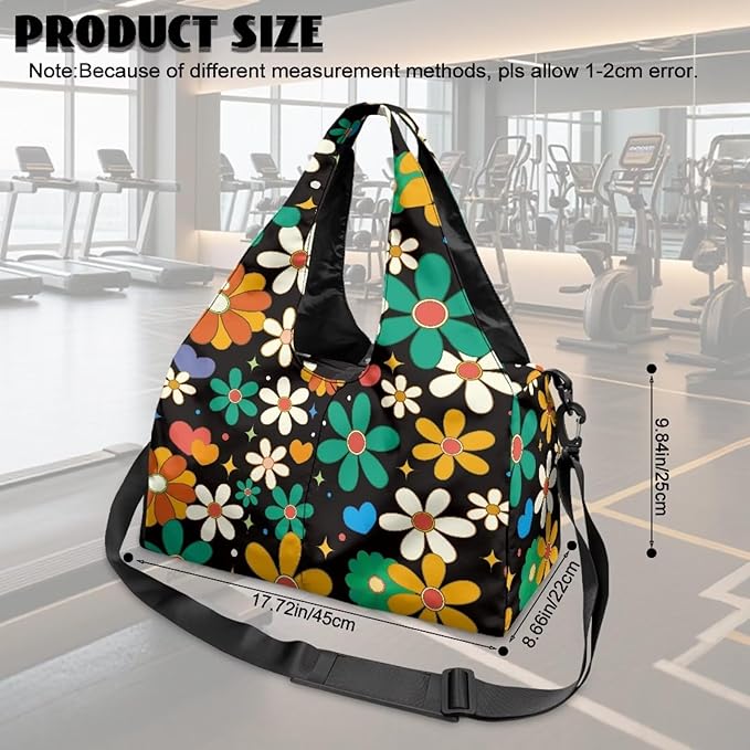 Hippie Flower Gym Bag with Shoe Compartment and Yoga Mat Holder, Waterproof Floral Duffel Bag with Pockets Black Workout Bag for Men Fitness Workout Sports Bag