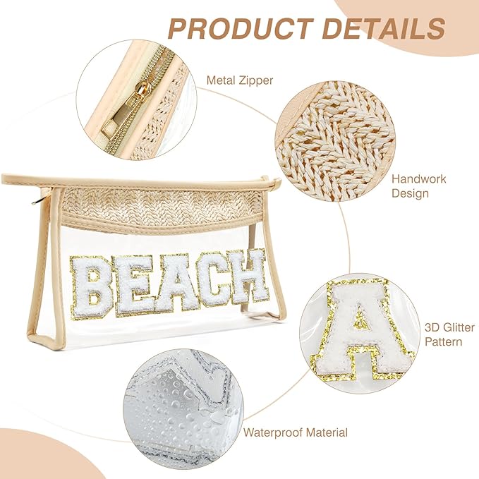 Makeup Bag with Glitter Chenille Letter, 1.1L Capacity Clear Makeup Letter Bag, Beach Bag, 【Easy to Carry】, 【Handmade Woven】 Travel Makeup Bag for Women, (Beige-BEACH)
