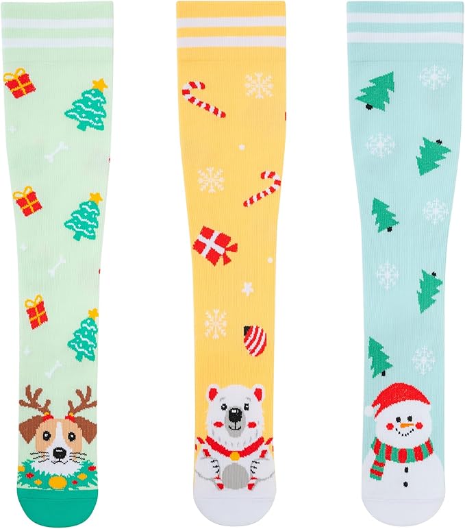 fenglaoda 3 Pairs Compression Socks for Women & Men Knee High Nurse Pregnant Cute Medical Running Travel Athletic