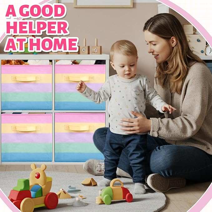 Yinder 12 Pcs Cube Storage Bin Rainbow Colorful 11'' Storage Bins for Playroom Decor Colorful Bins for Kids Foldable Baskets for Nursery Organizer Boxes Fabric Boxes