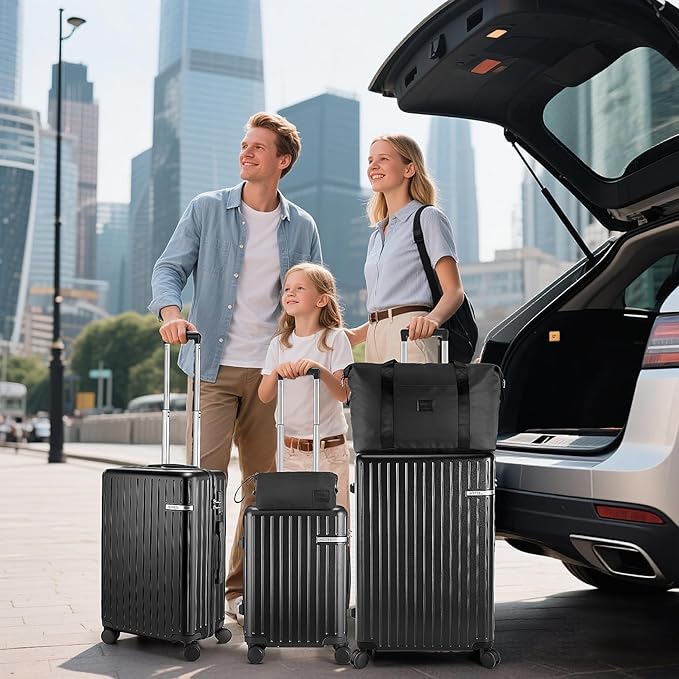 HOTEEL 5 Piece Luggage Set (4-YEAR WARRANTY) ABS+PC Hardshell Carry on Suitcase with Spinner Wheels & TSA Lock for Men Women, Rolling Suit Case for Plane, Travel, Business, Gloss Black(20/24/28/DB/TB)
