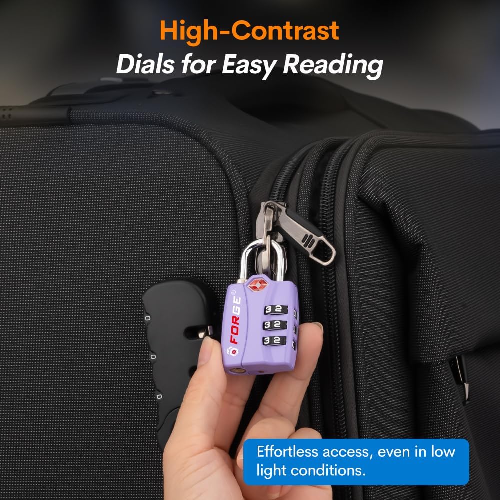 Forge Luggage Locks TSA Approved 2 Pack Purple, Small Combination Lock with Zinc Alloy Body, Open Alert, Easy Read Dials, for Travel Suitcase, Bag, Backpack, Lockers.