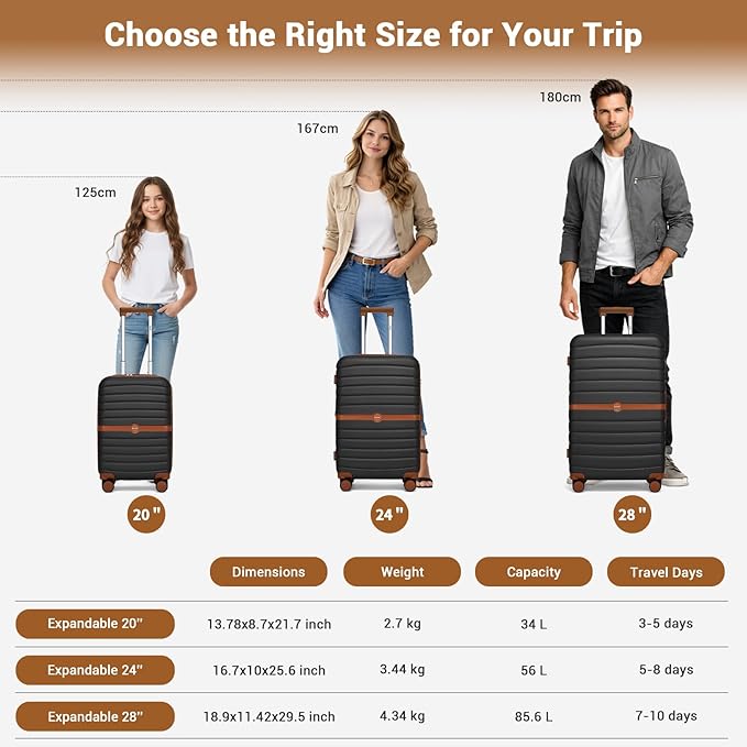 Kono Expandable Carry On Luggage 22x14x9 Airline Approved with Spinner Wheels, 20 Inch Durable PC+ABS Hardshell Travel Suitcase Rolling Luggage with Lock, Black/Brown