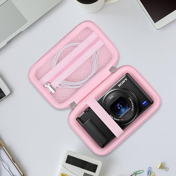 Hard Travel Case for Sony ZV-1F / ZV-1 / ZV-1 II Digital Camera, Storage Holder Travel Bag with Zipper Mesh Pocket for Battery Pack, Charging Cable, USB Card, Pink
