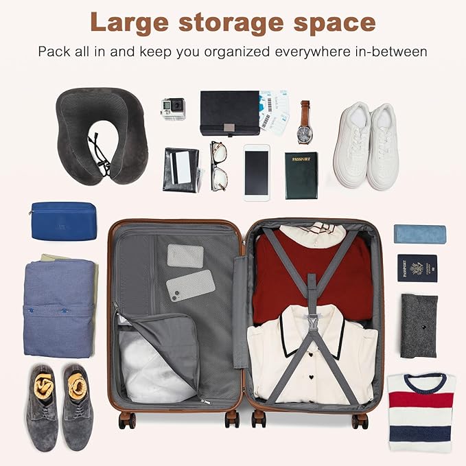 Kono Expandable 28 Inch Large Checked Luggage: ABS+PC Hardside Trolley Travel Case - Hard Shell Suitcase with TSA Lock, Cream Brown