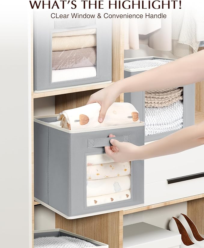 Bins for Closet Organization - Cubby Storage Organizer with Window, Closet Baskets for Shelves, Folding Cubes for Storage, Storage Bins for Home, 11inch, Set of 8, Grey