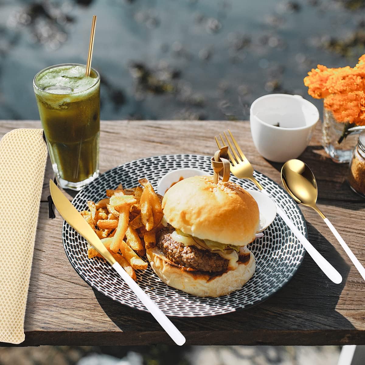 AARAINBOW 6 Pieces 18/8 Stainless Steel Flatware Set Portable Reusable Cutlery Set Travel Utensils Set Including Chopsticks Knife Fork Spoon Straws Cleaning Brush Dishwasher Safe (White golden)