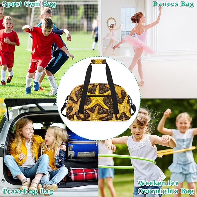 Golden Starfish Gym Travel Duffle Bag for Women & Men with Front Zipper Pocket for Sports, Overnight, Weekender, Carry On,Workout & Dance Bag,Starfish,18.9 * 8.7 * 10.6 in