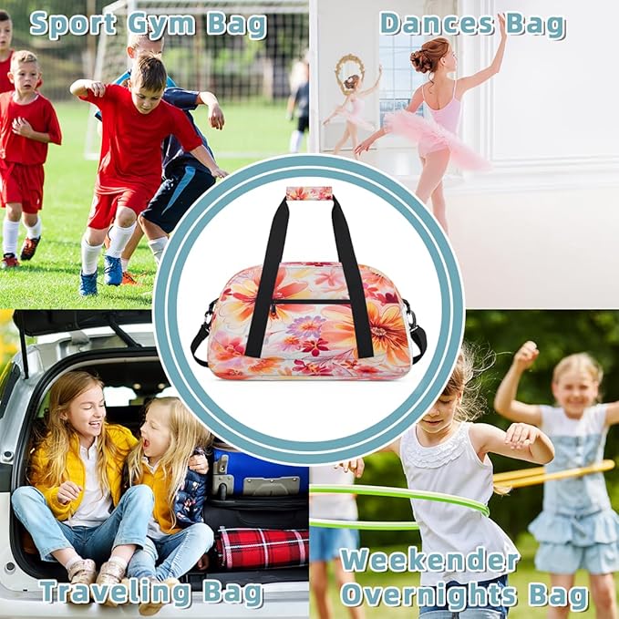 Travel Duffle Bag, Orange Pink Watercolor Blooms Waterproof Weekender Overnight Bags for Women Men Lightweight Carry on Duffle Gym Bag for Travel, Sports, Fitness, Workout