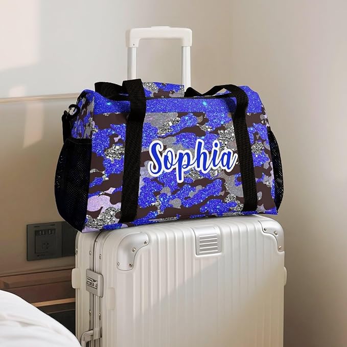 Personalized Sports Bag Name Duffel Bags with Adjustable Shoulder Strap Blue Navy Camouflage Bling Print Travel Bags Perform Training Weekender Bag