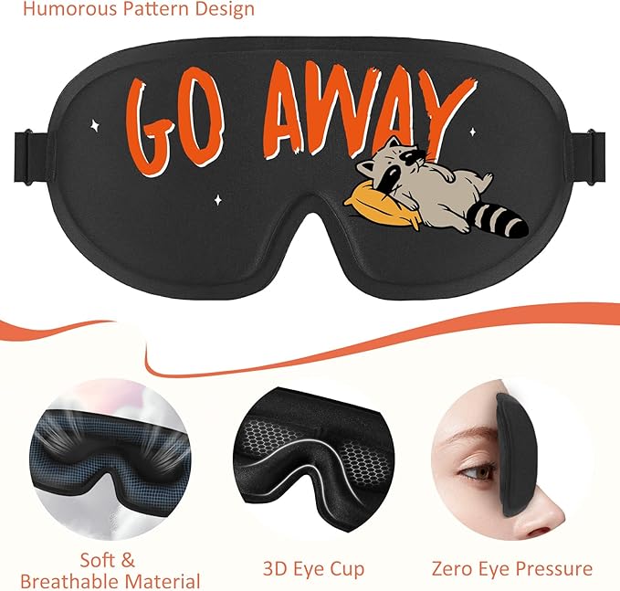 Funny 3D Zero Pressure Sleep Eye Mask for Men Women Side Sleeper, Adjustable Blackout Soft Breathable Eye Masks for Travel Nap Night Sleep, Humorous Gift Stocking Stuffers (GO Away)