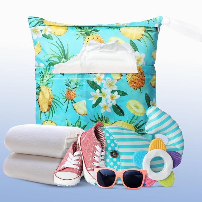 Frienda 4 Pieces Wet Dry Bag for Baby Waterproof Reusable Washable Diaper Bag Sealed with Handle for Travel, Beach, Swimsuit, Diapers, Dirty Gym Clothes and Toiletries (Plant)