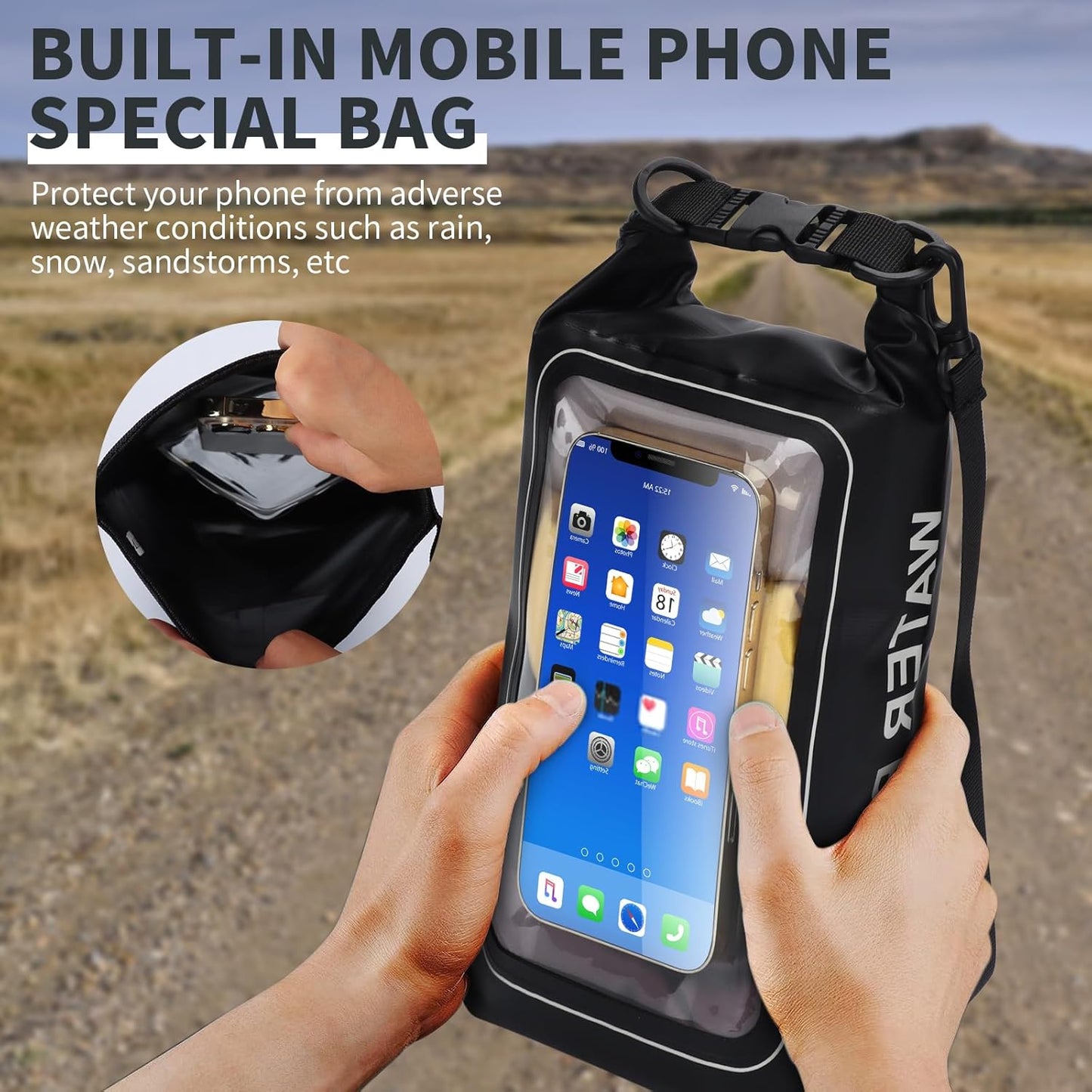 IP68 Waterproof Dry Bag, 2L - Roll Top Waterproof Pool Bag,Dry Bags for Kayaking Waterproof-w/Phone Pouch,Large Waterproof Phone Pouch,Boating & Kayak Accessories Camping (Black)