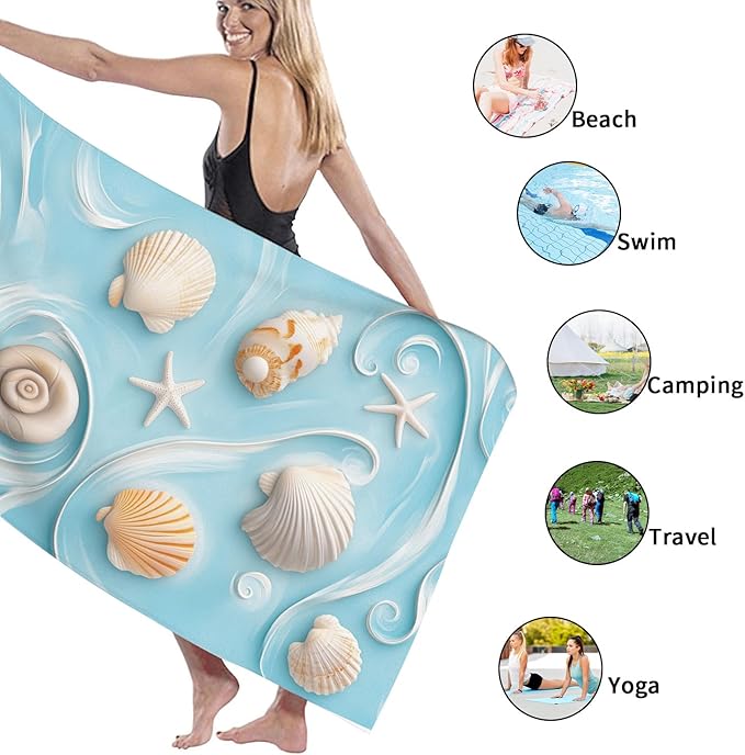 Ocean-Themed Microfiber Beach Towel Light Blue Beach Shells Design, Quick Dry Absorbent Sand Free Lightweight Travel Essentials, Perfect for Pool Gym Vacation Camping 70x35 Inch