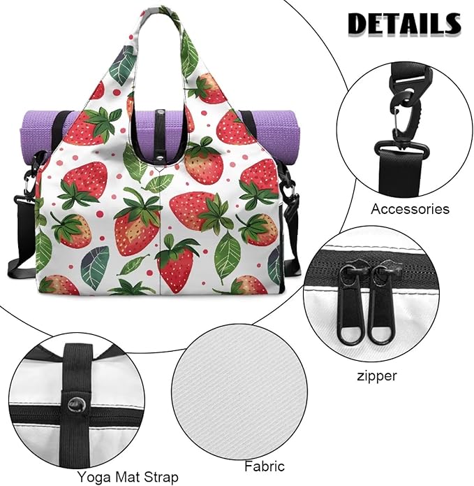 Gym Bag Women Strawberry Note Workout Bag with Shoe Compartment, Wet Pocket,Travel Tote Bag with Mat Carrier, Waterproof Overnight Bag Carry On Weekender