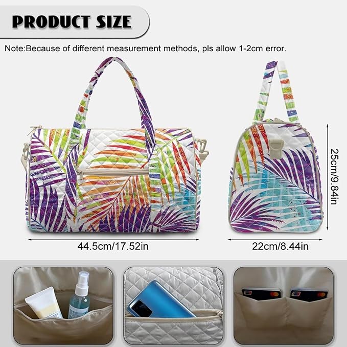 COEQINE Colorful Tropical Leaf Purses for Men Travel Quilted Duffle Print Travel Gym Bag Large Packable Travel Bag