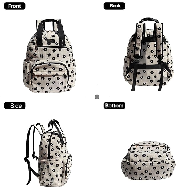 Diaper Bag Backpack, Large Capacity Multifunction Baby Essentials Fashion Travel Pack Linen Canvas office Laptop Bag (Corduroy Black Flower)