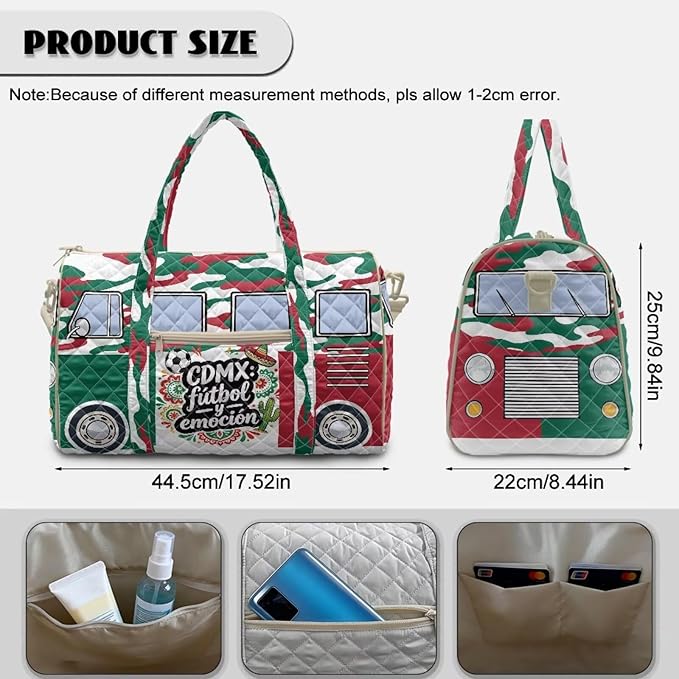 COEQINE Mexico Van Car Quilted Gym Bag For Men Sport Quilted Tote Bag For Men Large Car Themed Crossbody Bags with Shoulder Bag with Detachable Strap
