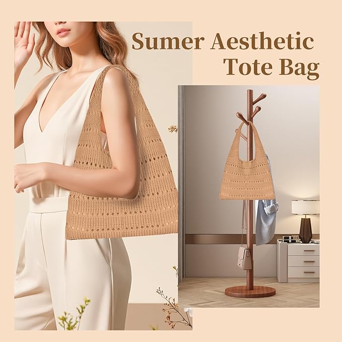 Sightor Crochet Tote Bag, Mesh Beach Bag Knit Summer Hobo Bag Vacation Boho Tote Bag for Women