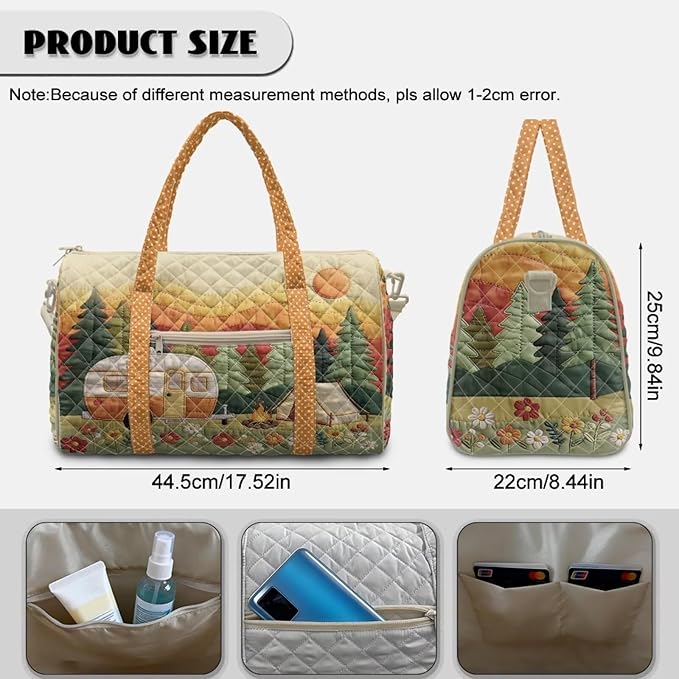 COEQINE Print Quilted Travel Duffle Bag For Women,Orange Car Camper Forest Print Quilted Tote Bag Large Car Weekend Bag with Zipper Pocket Dance Bag Organizer