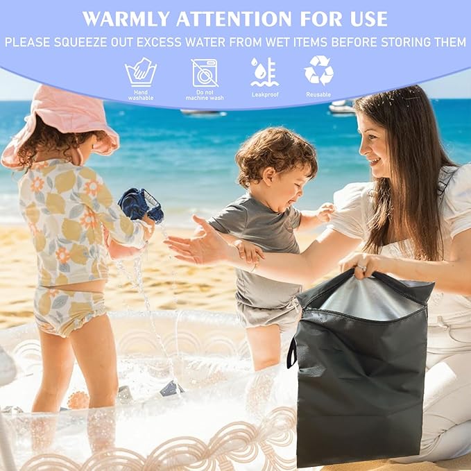 Wet Dry Bags 3 Pack,12x16 Inch Waterproof Reusable Wet Bag For Baby Diapers Swimsuit Wet Clothes Travel Beach Pool Gym,Durable Polyester Fabric,Waterproof Seal Strip Inside,Handle and Zipper,Black