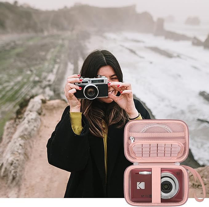Elonbo Camera Carrying Case for KODAK PIXPRO FZ55/ FZ53/ FZ45/ FZ43 16MP Digital Camera, Vlogging Camera Storage Holder Travel Bag, Mesh Bag Fits Batteries, Cable, Memory Card, Card Reader,Rose Gold