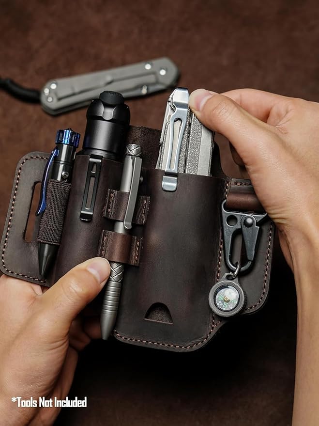 ST2 Leather Multitool Sheath, EDC Leather Belt Organizer, Belt EDC Organizer for Leatherman Tools, Flashlight, Pen, and Keychain Clip, Great for Work and Daily Use, Ideal Gift for Men