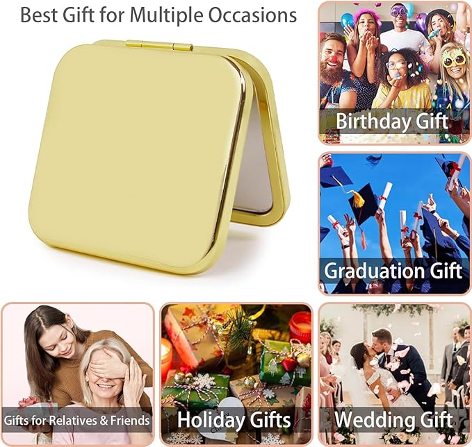 Small Compact Mirror, Gold Square 2.8”×2.8” Metal Frame Smooth Style Double Sided Mini Magnifying 1X/2X Mirror for Purse Can be Used as Gifts for Woman (Gd01)