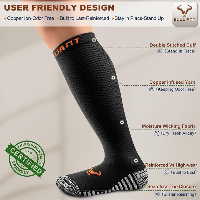 BULLIANT Men Compression Socks 3Pairs-Knee High Socks 15-20 Pressure Unise- Cushioned Sole Extra Wicking