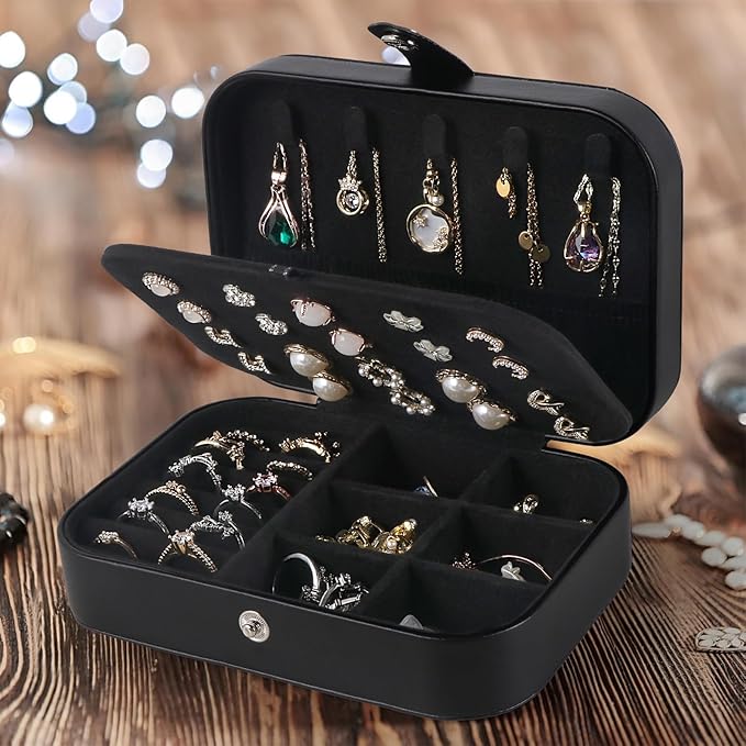 Travel Jewelry Box,Upgraded Travel Jewelry Case,Portable Jewelry Boxes for Women,PU Leather Jewelry Box,Travel Jewelry Organizer for Necklaces,Rings,Earrings,Bracelets,Black