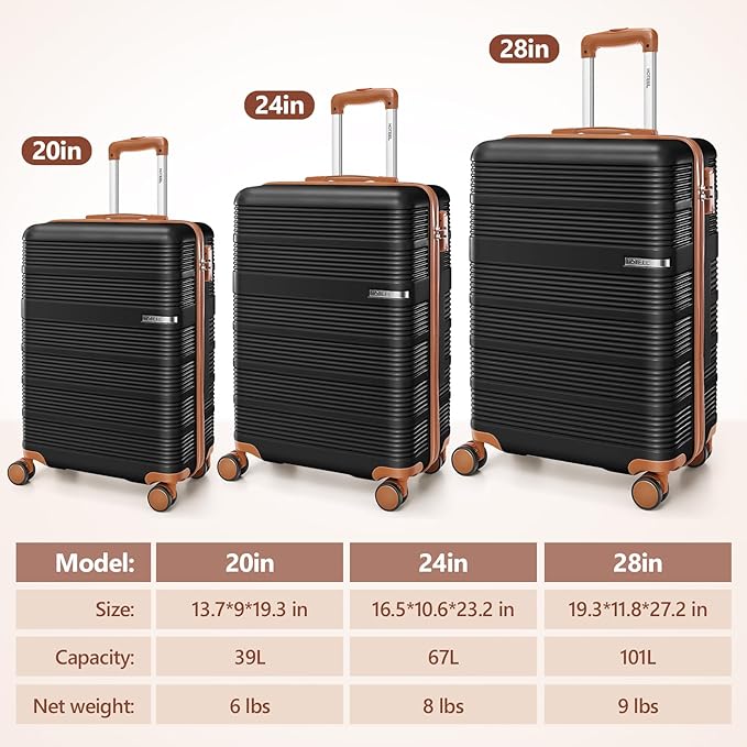 Hoteel Luggage Sets 3 Piece with Spinner Wheels TSA Lock (4-YEAR WARRANTY), Durable Suitcase Lightweight Travel Hardshell PC+ABS Large Carry on Luggage for Men&Women, Gloss Black (20/24/28in)