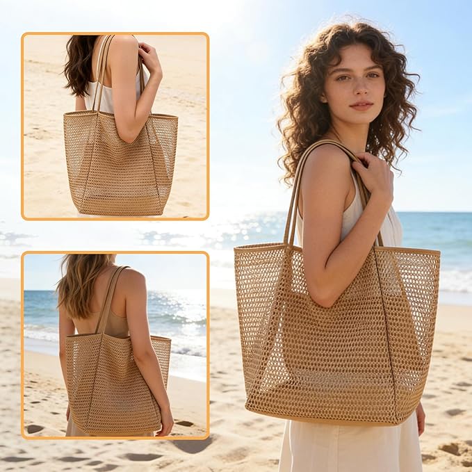 Women's mesh beach bag, summer travel mesh tote bag with large inner pocket, essential for pool vacation beach