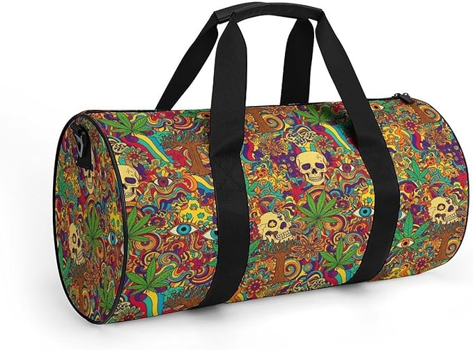 Lightweight Travel Sports Carry On Bag Colorful Skull Weedleaf Leaf Art Basketball Football Weekender Bag Sport Gym Fitness Tote