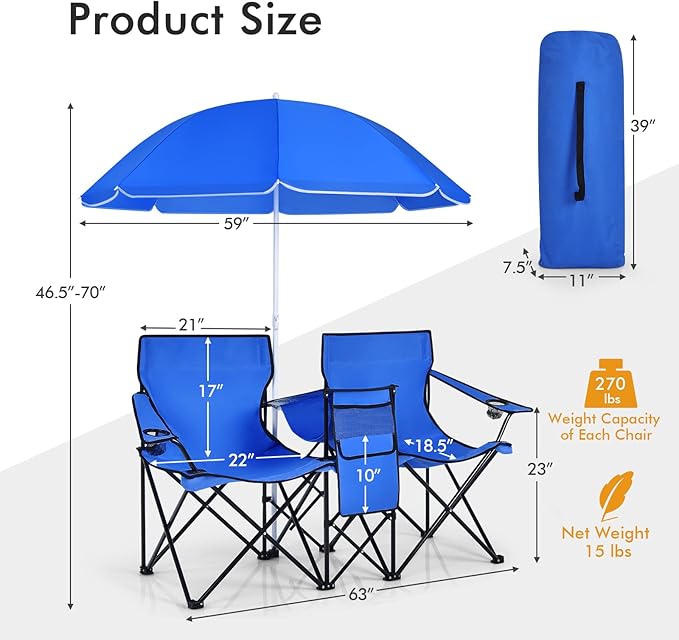 COSTWAY Double Portable Picnic Chairs, Folding Camping Chairs w/Detachable Umbrella, Cooler Bag, Cup Holders, Patio Beach Camping Chairs for Outdoors, Blue