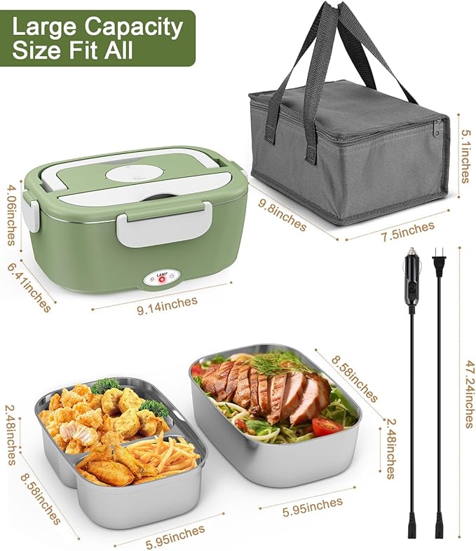 Electric Lunch Box for Men, Women & Adults - 80W Fast Heating - Heated Lunch Box with Dual 1.5L SS Containers - Portable Food Warmer for Car, Truck, Office