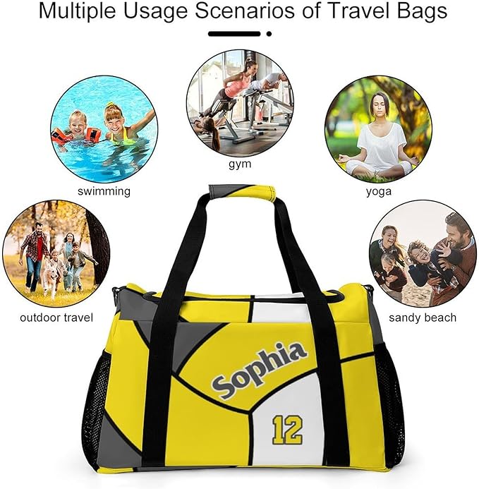 Custom Volleyball Yellow Duffel Bag with Name Personalized Travel Bags Sport Gym Bag Carry On Weekender Bags for Men Women