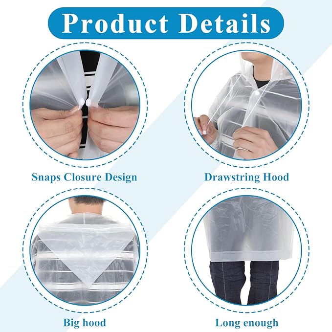 10 Pack Reusable Rain Ponchos for Adults Waterproof EVA Raincoats with Drawstring Hood Portable Rain Jackets Emergency Poncho for Outdoor Travel Camping Hiking