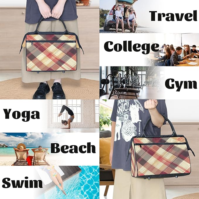 Multipurpose Duffle Bag, Waterproof Carry On Bag with Spacious Design, Plaid Checkred Brown Gym Bags, 15.2x8.3x11.6in