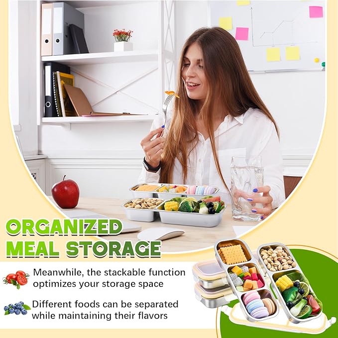 4 Pcs 304 Stainless Steel Lunch Containers Bento Boxes 38oz Salad Multipurpose with 3 and 2 Compartments Winter Party Reusable Large Box with Lids Divided Containers for Snack Dip Sandwich (Yellow)