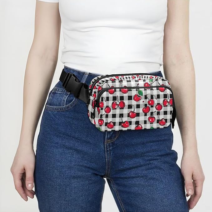 Cherry Fruit Black White Checkered Plaid Fanny Pack for Women Men Water Resistant Fashion Waist Packs with Adjustable Strap Belt Bag for Travel Workout Jogging Hiking 21219423