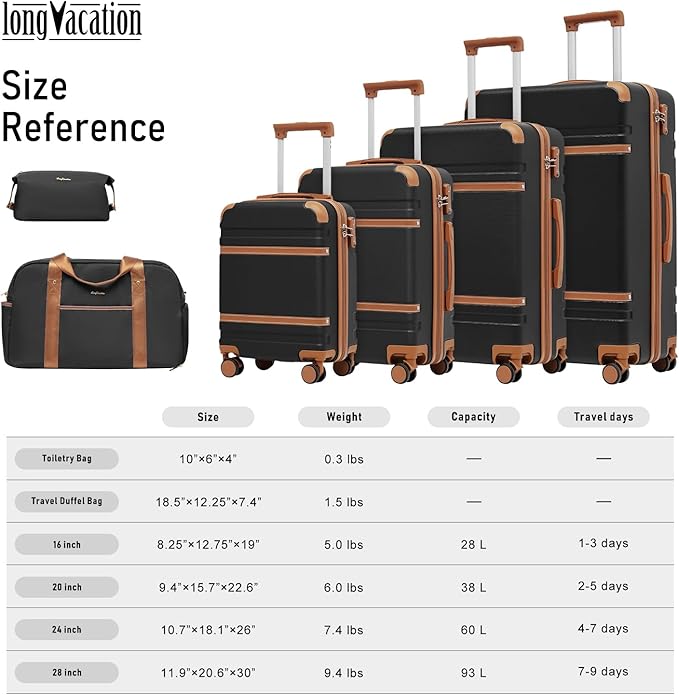 LONG VACATION Luggage Set 6 Piece Suitcase with Spinner Wheels, ABS+PC Hardshell Luggage with TSA Lock & YKK Zipper
