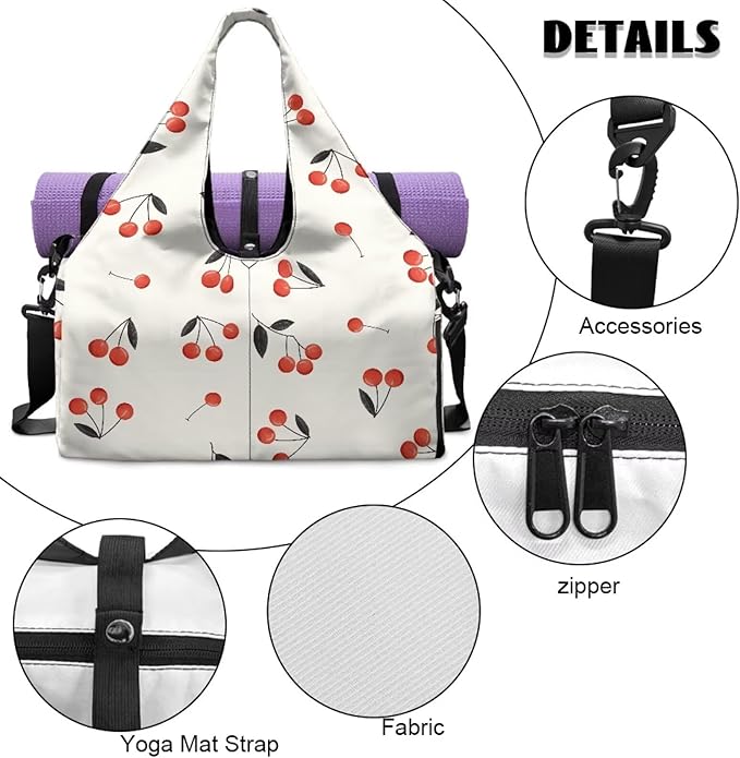 Waterproof Womens Duffle Bag with Pockets, Double Zipper, Cherry Gym Bag with Shoe Compartment, Overnight Bag with Yoga Mat Holder Gift for Anniversary
