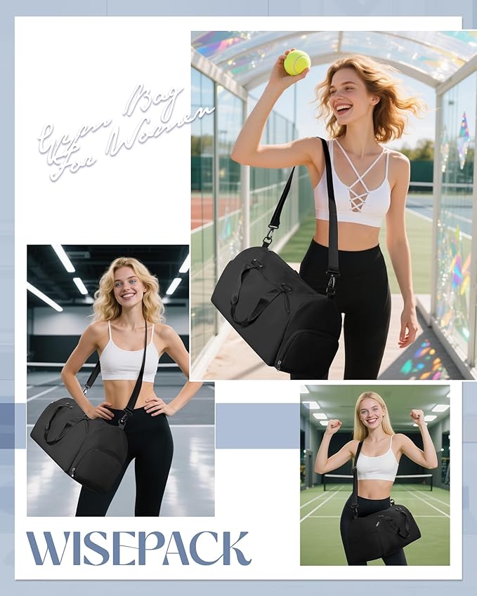 Gym Bag for Women with Shoe Compartment Lightweight Travel Duffle Bags Carry on Bag Overnight Weekender Duffel Bag with Wet Pocket Personal Item Travel Bag Tote Bag Workout Dance Bag Black