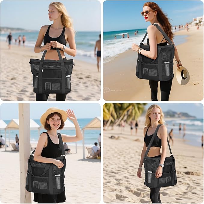 Mesh Beach Bags for Women - Family Beach Tote Bag for Toys, Towels, Travel Vacation Cruise Essentials