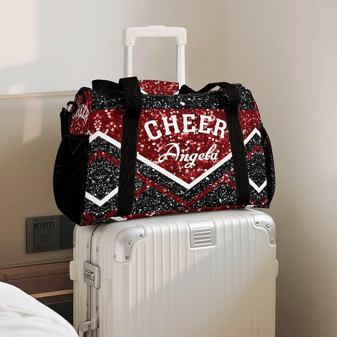 Cheer Red Black Maroon Glitter Print Waterproof Duffel Bag Adjustable Shoulder Strap Perform Training Travel Bag for Teens Adults Women Men Tote Bag