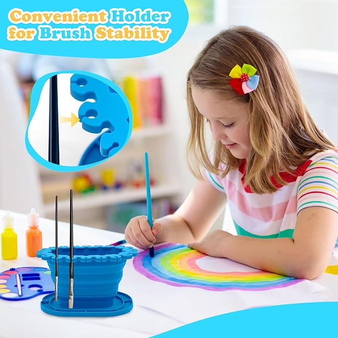 Foldable Silicone Paint Brush Cleaner Cup with Holder, Collapsible Basin for Acrylic, Watercolor & Oil Painting, Portable Artist Travel Supplies, Multi-Size Brush Drying Rack & Mixing Palette 