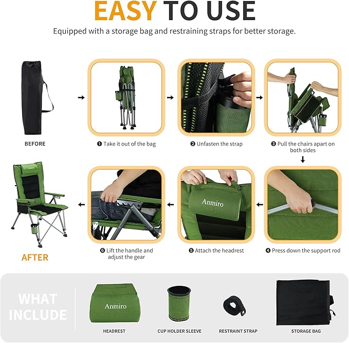 Folding Camping Chair with Cup Holder and Storage Bag, Heavy Duty Support 400 LBS, Oversized Collapsible Portable Adjustable Back Support Camping Chair for Outdoor (Adjustable-Green)