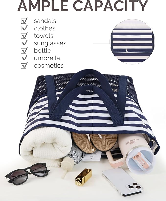 HOMESPON Beach Bag Large Waterproof Sandproof Foldable Tote for Women with Zipper Mesh Pockets for Pool Swim Travel Everyday