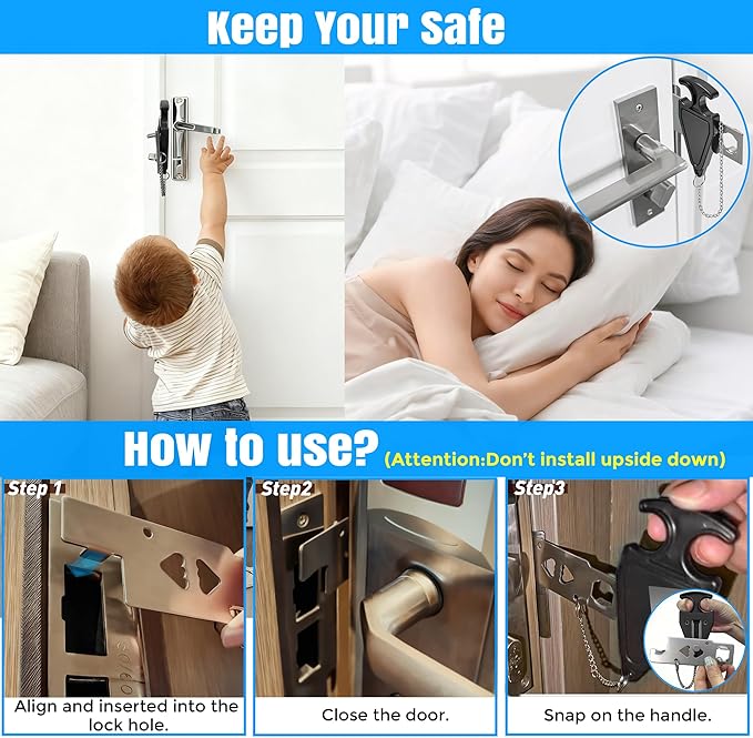Portable Door Lock, Travel Door Lock for Hotel, Apartment, Dorm & Home – Extra Security Door Stoppers, Hotel Safety Devices for Travel Privacy Protection 2PK Black